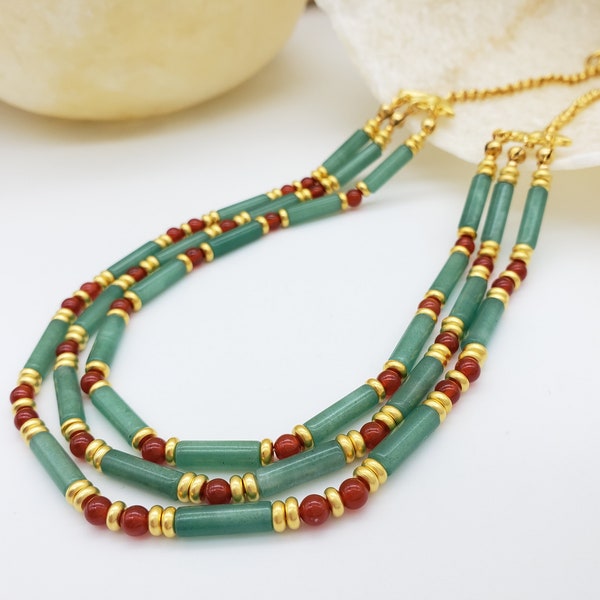 Cleopatra Egyptian Triple Strand Necklace and Earrings - Aventurine and Carnelian - Lotus Flower