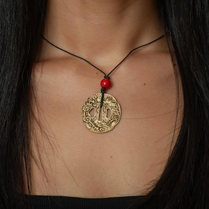 Tsuba Sword Guard Pendant Necklace - Cinnabar and Antique Gold Plated - Dragon Samurai