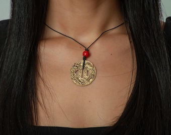 Tsuba Sword Guard Pendant Necklace - Cinnabar and Antique Gold Plated - Dragon Samurai