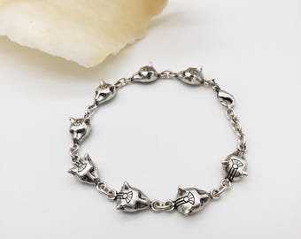 Egyptian Cat Head Link Bracelet - Antique Silver Finish