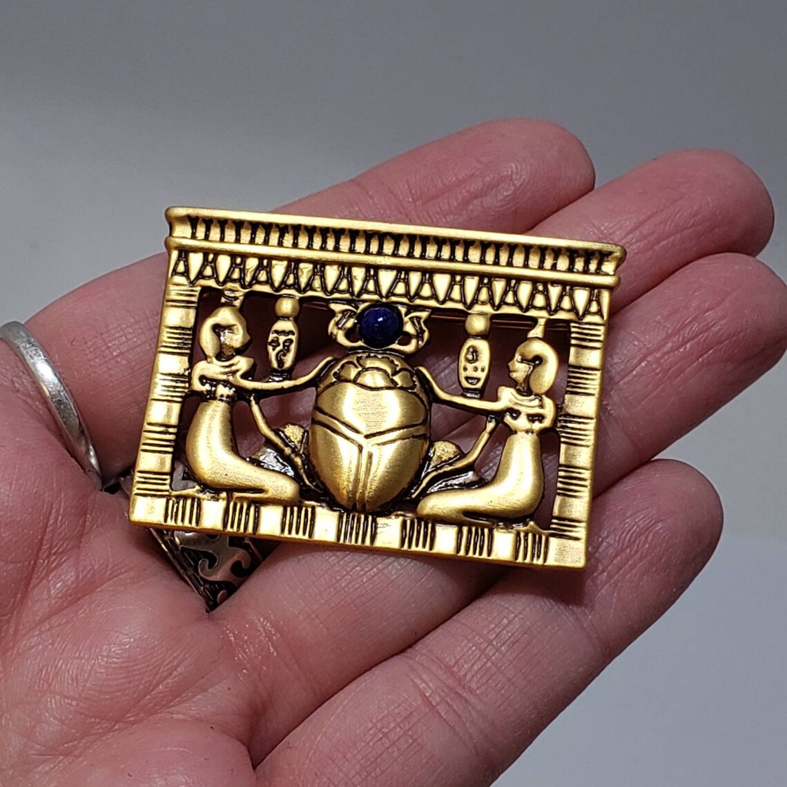 Egyptian Scarab Pectoral Brooch With Lapis Lazuli - Antique Gold Plated Pewter Jewelry - View #3