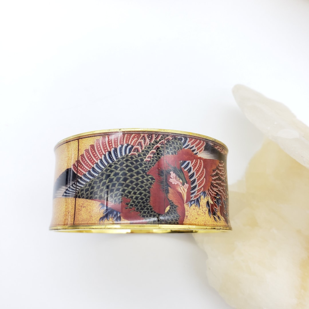 エスニック風彫刻オープンバングル Hokusai Pheonix Bracelet - Japanese Art Inspired Bangles