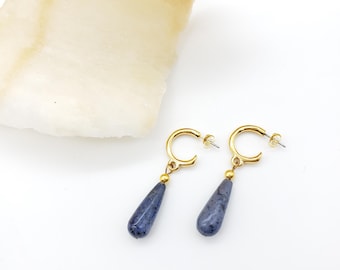 Dumortierite and Gold Teardrop Beaded Earrings - Egyptian Dahshur Inspired - Dangle Hoop