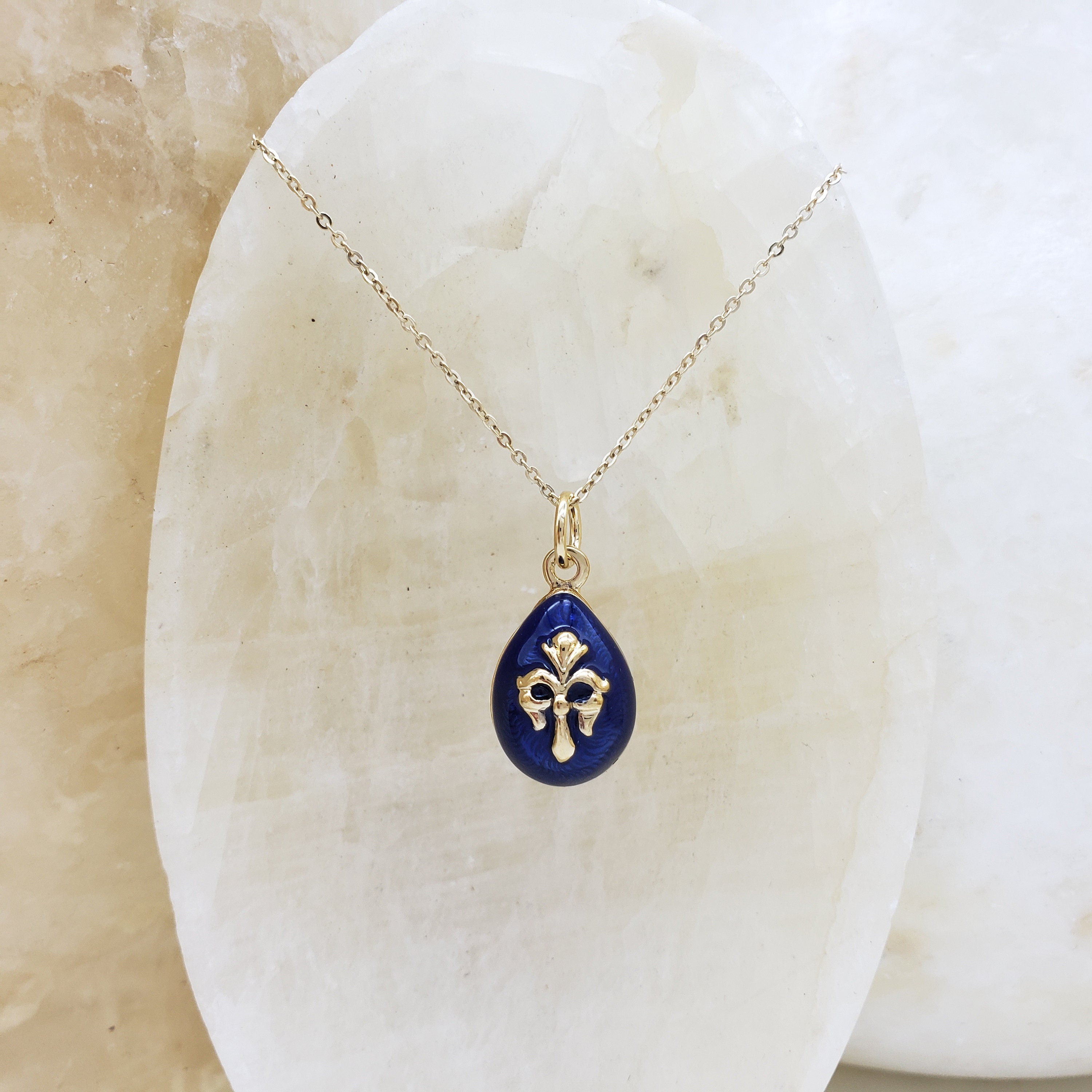 Imperial Blue Fleur de lis Egg Pendant Necklace Faberge Egg Etsy