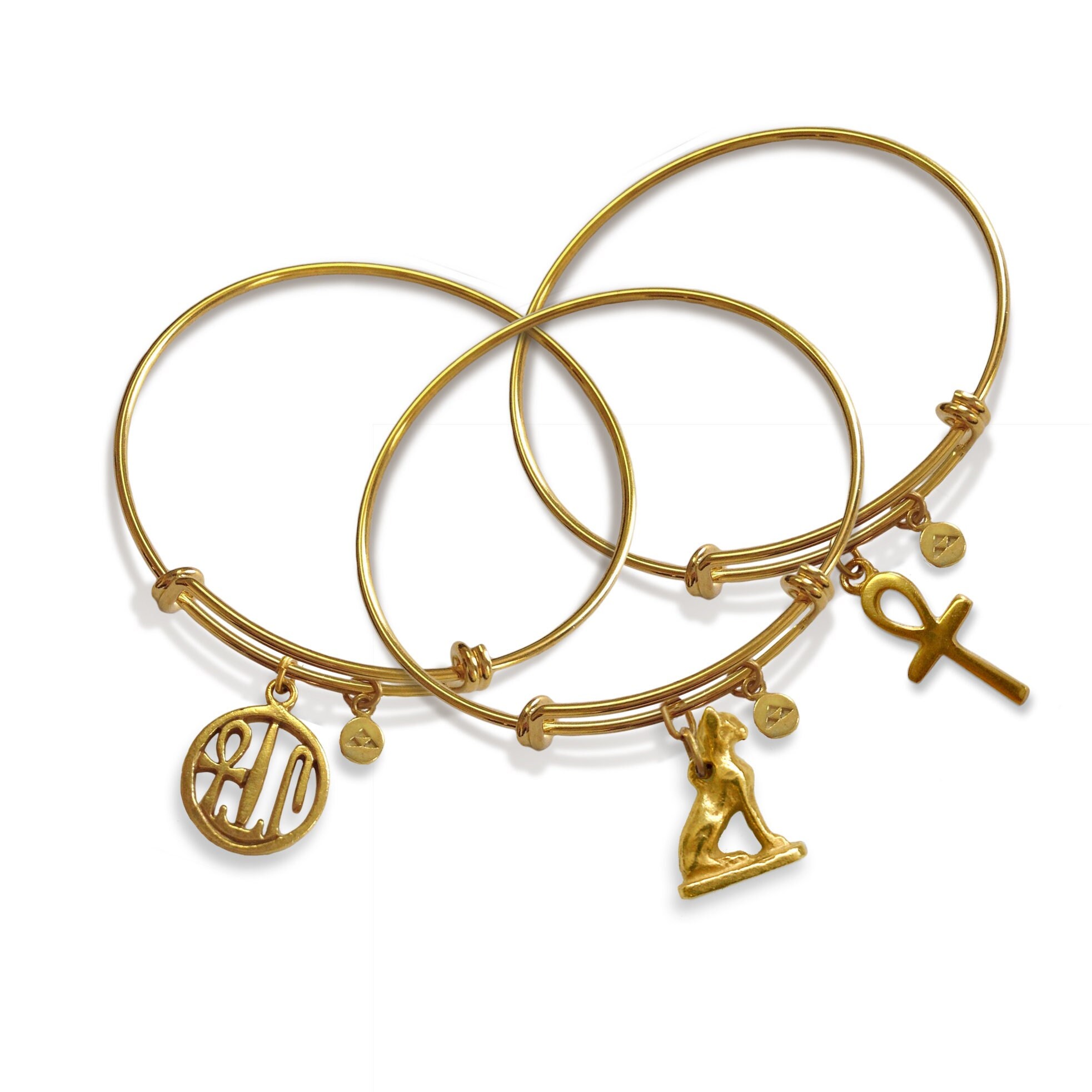 Egyptian Symbol Flexible Charm Bracelet Ankh, Eye of Horus, Bastet