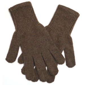 May include: A pair of brown knitted gloves. The gloves are made of a soft, warm material and have a ribbed cuff.