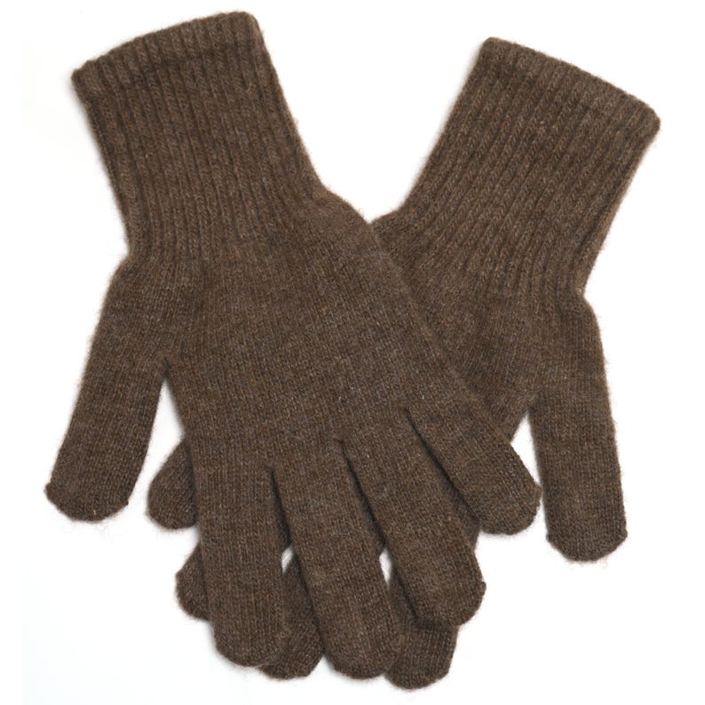 May include: A pair of brown knitted gloves. The gloves are made of a soft, warm material and have a ribbed cuff.