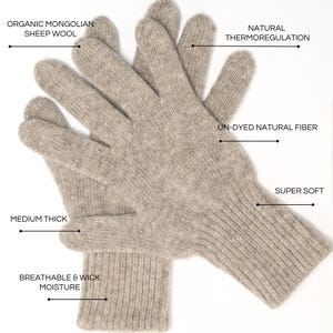 May include: A pair of beige cashmere gloves made from organic Mongolian sheep wool. The gloves are un-dyed, super soft, and have natural thermoregulation. They are medium thick and breathable, wicking moisture away from the skin.