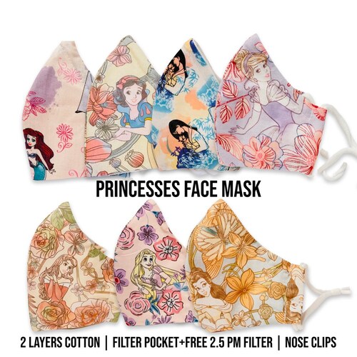 Disney princesses face mask-100% cotton/Breathable/Lightweight/Washable/Adjustable earloops/Filter pocket/2 layers/Handmade in the USA