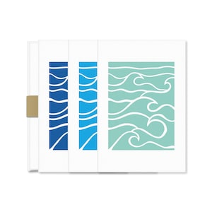 May include: Three cards with a wave pattern. The first card has a blue wave pattern, the second card has a turquoise wave pattern, and the third card has a light blue wave pattern.
