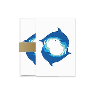 May include: Two blue dolphins swimming in a circle, creating a ring of water with bubbles. The dolphins are silhouetted against a white background.