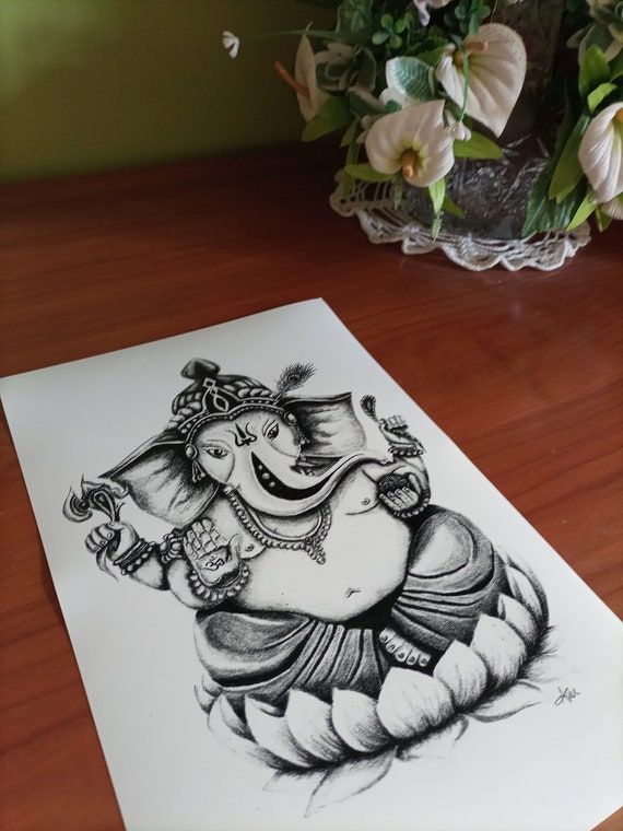 Drawing or sketch of Lord Ganesha riding a rat isolated on a light-brown  backgroun Stock Photo - Alamy