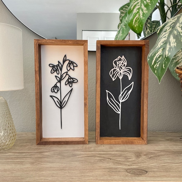 Plaque en bois fleur de naissance unique | Noir et blanc | Cadeau de pendaison de crémaillère | Cadeau Fête des Mères | Cadeau de mariage | Cadeau de Noël