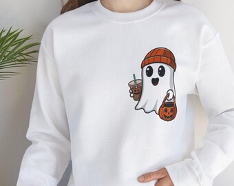 Camiseta de café helado con fantasma pequeño, camiseta de fantasma de café, fantasma con café, camiseta de café de Halloween, la mejor sudadera de Halloween, sudadera con capucha de temporada espeluznante
