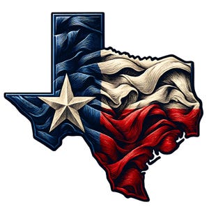 Pode incluir: Ilustração detalhada do estado do Texas, apresentando uma estrela e um design de bandeira ondulada. A bandeira incorpora as cores azul, branco e vermelho, com um estilo texturizado e artístico. O contorno do Texas é azul escuro.