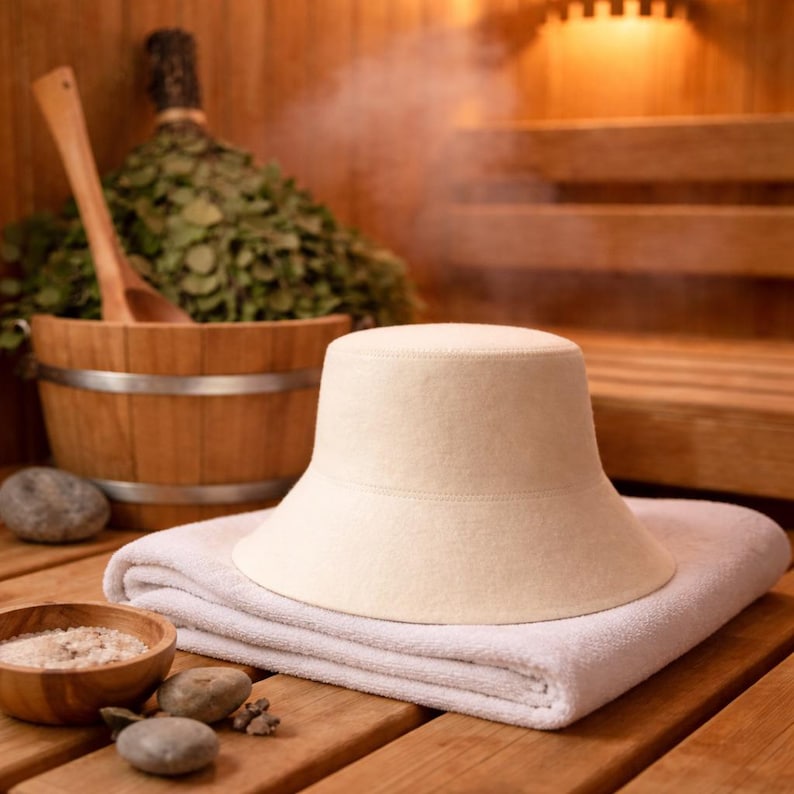 K&ouml;nnte beinhalten: Ein cremefarbener Sauna-Hut mit breiter Krempe und zylindrischem Kronenansatz liegt auf einem gefalteten wei&szlig;en Handtuch. Ein Holzeimer mit Holzkelle, ein B&uuml;ndel Blattzweige und eine kleine Holzschale mit Steinen sind ebenfalls zu sehen.