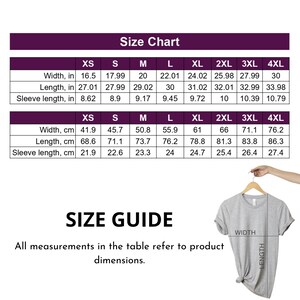 May include: Size chart for a t-shirt with measurements in inches and centimeters. The chart shows the width, length, and sleeve length for sizes XS to 4XL.