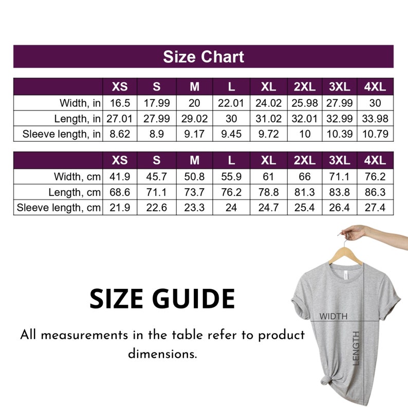 May include: Size chart for a t-shirt with measurements in inches and centimeters. The chart shows the width, length, and sleeve length for sizes XS to 4XL.