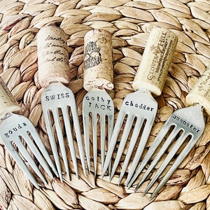 Hand Stamped Cheese Markers: Silver Forks with Cork Handles, Set of 5