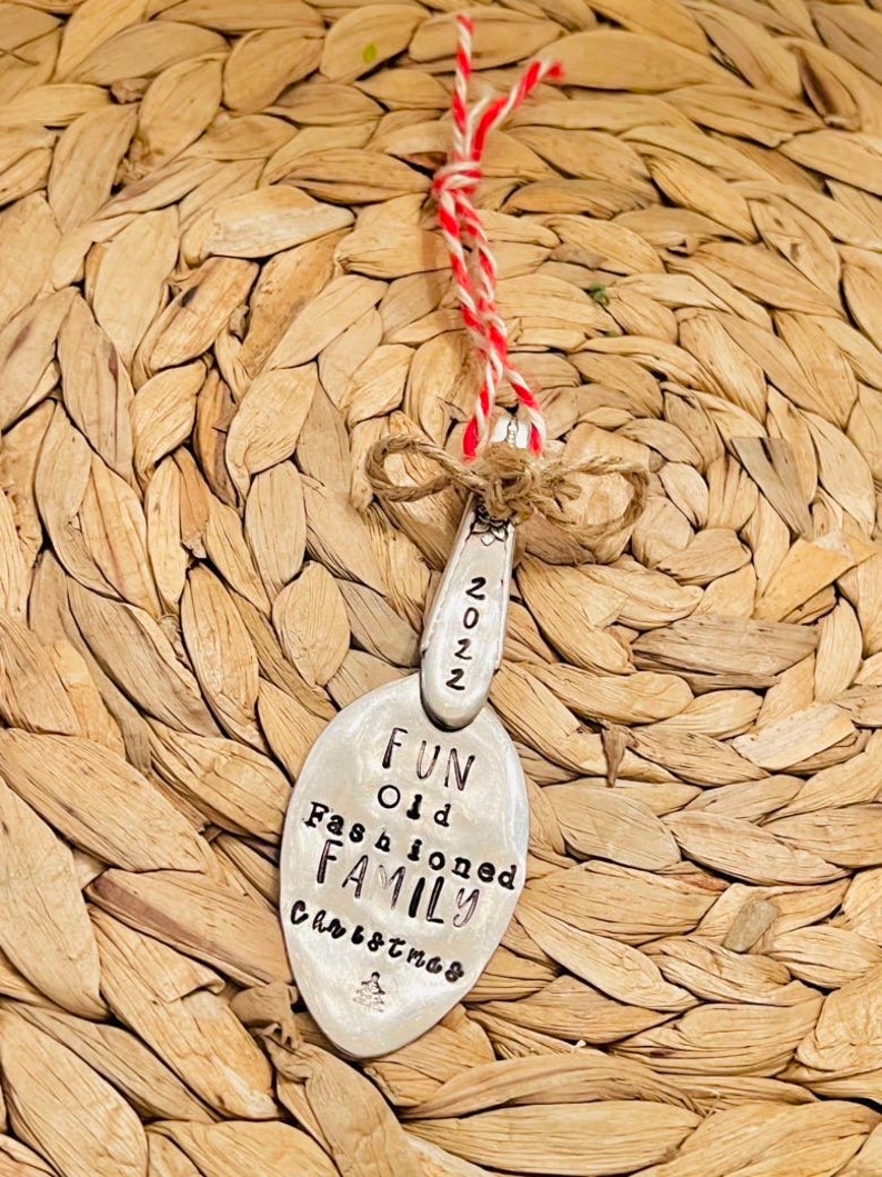 Hand Stamped Silver Spoon Ornament, Fun Old Fashioned Family Christmas