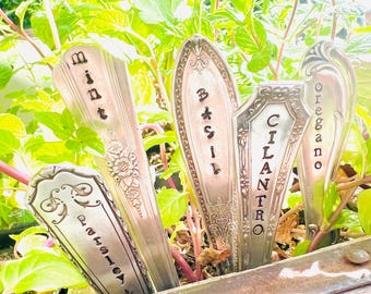 May include: Silver spoon garden markers with the names of herbs: mint, basil, cilantro, oregano, and parsley. The spoons are placed in a wooden planter box among green plants. The text is stamped into the spoon heads.