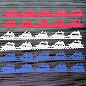 Puede incluir: Filas de recortes de papel rojo, blanco y azul de cruceros sobre líneas onduladas. Los barcos tienen ventanas y chimeneas detalladas. Los recortes están dispuestos en filas horizontales.