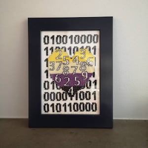 May include: A framed cross-stitch design featuring a heart shape made of binary code with numbers inside. The heart is in the colors of the non-binary pride flag: yellow, white, purple, and black.