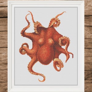 May include: A cross-stitch pattern of an orange octopus with eight tentacles. The octopus is depicted in a detailed and realistic style, with its tentacles curled and twisted.