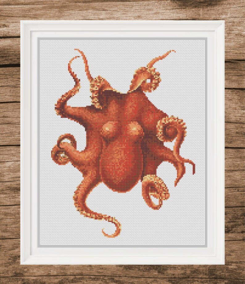 May include: A cross-stitch pattern of an orange octopus with eight tentacles. The octopus is depicted in a detailed and realistic style, with its tentacles curled and twisted.