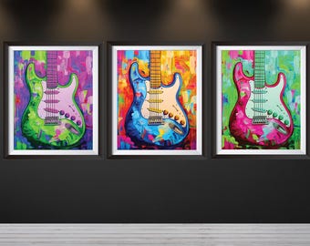 Pósteres de arte mural con guitarras en estilo pop art para una pared con guitarras realmente elegante