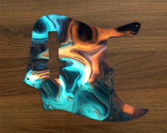 Jazz Bass, graphic printed custom pickguard. Psychedelic. Dark Crystal (orange and green)