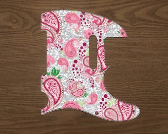 Tele oder Strat Pick Guard Vintage Paisley, Rosa und Silber glitzern