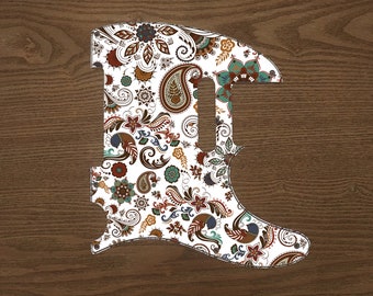 Może przedstawiać: Biały pickguard gitary z wzorem paisley w odcieniach brązu, czerwieni, błękitu i zieleni.