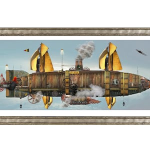 May include: A steampunk-style airship with wooden planks, sails, and a large wheel. The airship is flying in the sky with smoke coming from its engine. The airship is reflected in the water below.