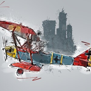 Peut inclure: Un biplan rouge, jaune et bleu avec une croix noire sur le côté, volant au-dessus d'une ligne d'horizon de ville. L'avion est peint dans un style stylisé et abstrait.