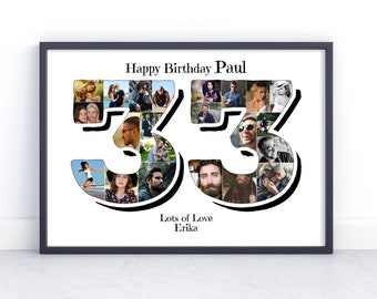 May include: A framed print with the words "Happy Birthday Paul" and "33" in large black numbers. The numbers are filled with various photos. The text "Lots of Love Erika" is below the numbers.