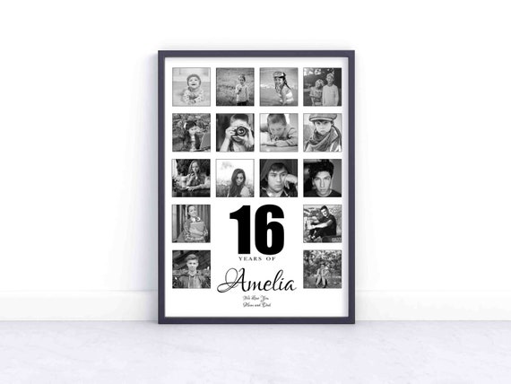 Personalised 16th Birthday Photo Collage Print – Custom Wall Art Gift for Daughter, Son, Friend.