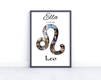 Leo Photo Collage. Personalised Zodiac Sign Photo Collage Gift. Birthday Gift for Him or Her. Gift for Husband, Wife.