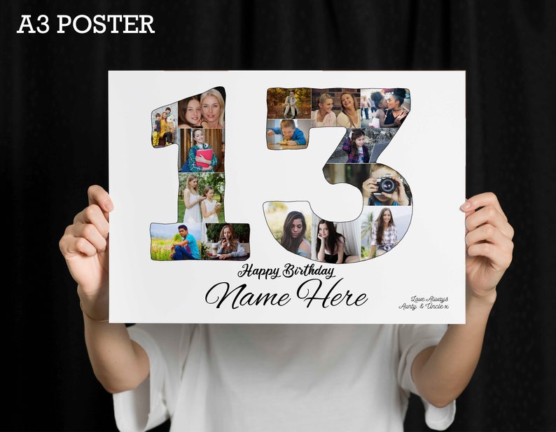 13th Birthday Custom Photo Collage Gift. Birthday Gift for a Sister, Brother, Daughter, Son or Best Friend. A3 Print