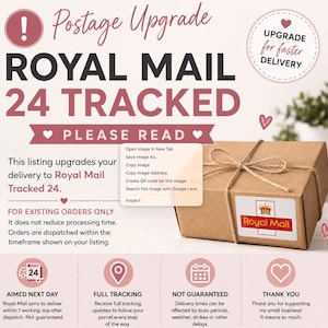 May include: A brown cardboard box tied with twine, featuring a Royal Mail sticker with a red and yellow logo. The image includes text: Postage Upgrade, Royal Mail 24 Tracked, Please Read, Aimed Next Day, Full Tracking, Not Guaranteed, and Thank You.