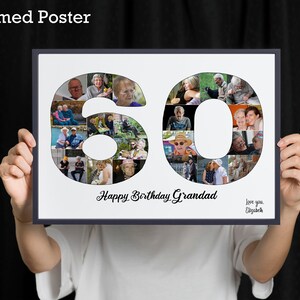 60th Birthday Custom Photo Collage Gift. Birthday Gift for Father, Mother, Grandad, Grandmother, Nana, Nanny. Framed Poster 16x12”