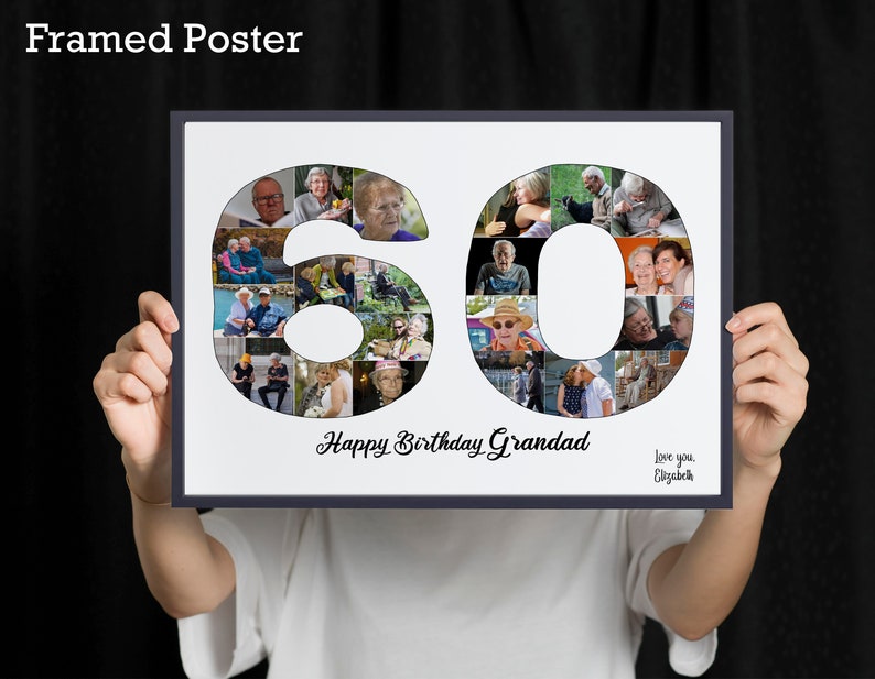 60th Birthday Custom Photo Collage Gift. Birthday Gift for Father, Mother, Grandad, Grandmother, Nana, Nanny. Framed Poster 16x12”