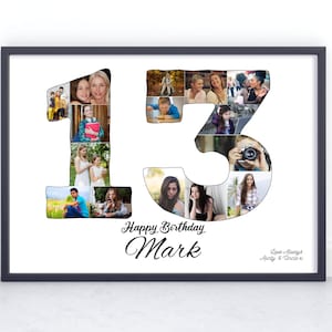 13th Birthday Custom Photo Collage Gift. Birthday Gift for a Sister, Brother, Daughter, Son or Best Friend. A4 Print Framed