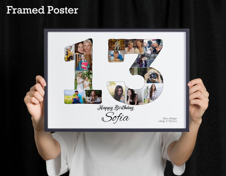 13th Birthday Custom Photo Collage Gift. Birthday Gift for a Sister, Brother, Daughter, Son or Best Friend. Framed Poster 16x12”