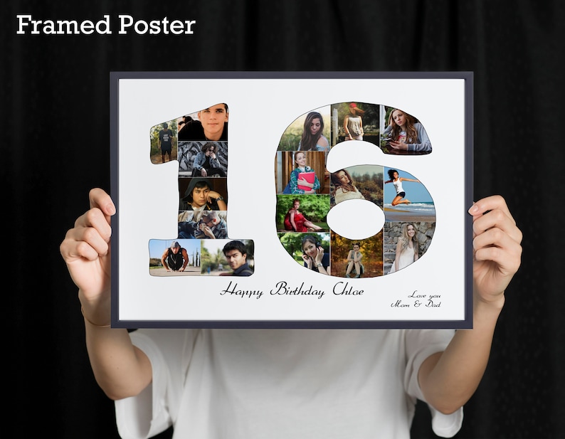 May include: A framed poster with a collage of photos forming the number 16. The poster has the text "Happy Birthday Chloe" and "Love you Mom & Dad".