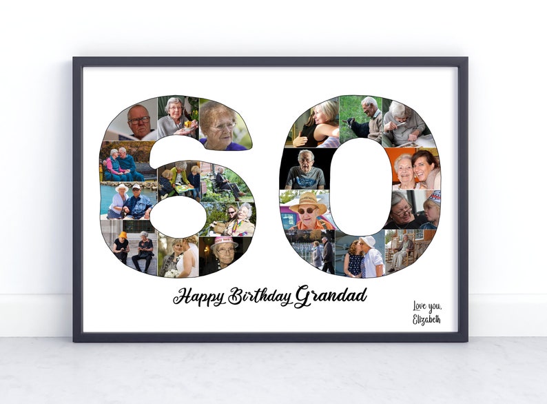 60th Birthday Custom Photo Collage Gift. Birthday Gift for Father, Mother, Grandad, Grandmother, Nana, Nanny. A4 Print Framed