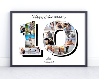 Digital File Wedding Gift Ten Years Anniversary Family Collage 10th Anniversary Collage Number 10 Photo Collage Gift for Husband Wife