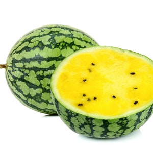Könnte beinhalten: Eine gelbe Wassermelone, die in zwei Hälften geschnitten ist, zeigt das leuchtend gelbe Fruchtfleisch und die schwarzen Kerne. Die andere Hälfte der Wassermelone ist ganz und hat eine grüne Schale mit dunkelgrünen Streifen.