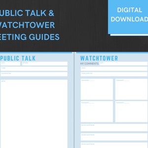 May include: A digital download of meeting guides for public talks and Watchtower study. The guides have a light blue and white design with sections for notes, theme, scripture, and paragraphs. The text "Public Talk & Watchtower Meeting Guides" is at the top.