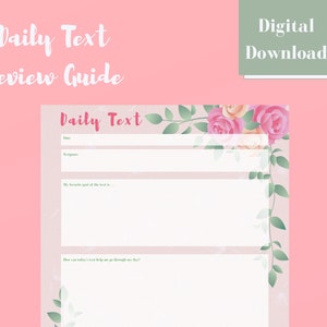 Pode incluir: Guia de revisão de texto diário imprimível com um design floral com rosas cor-de-rosa e folhas verdes. O guia inclui seções para a data, as Escrituras, a parte favorita do texto e como o texto de hoje pode ajudá-lo a passar o dia.
